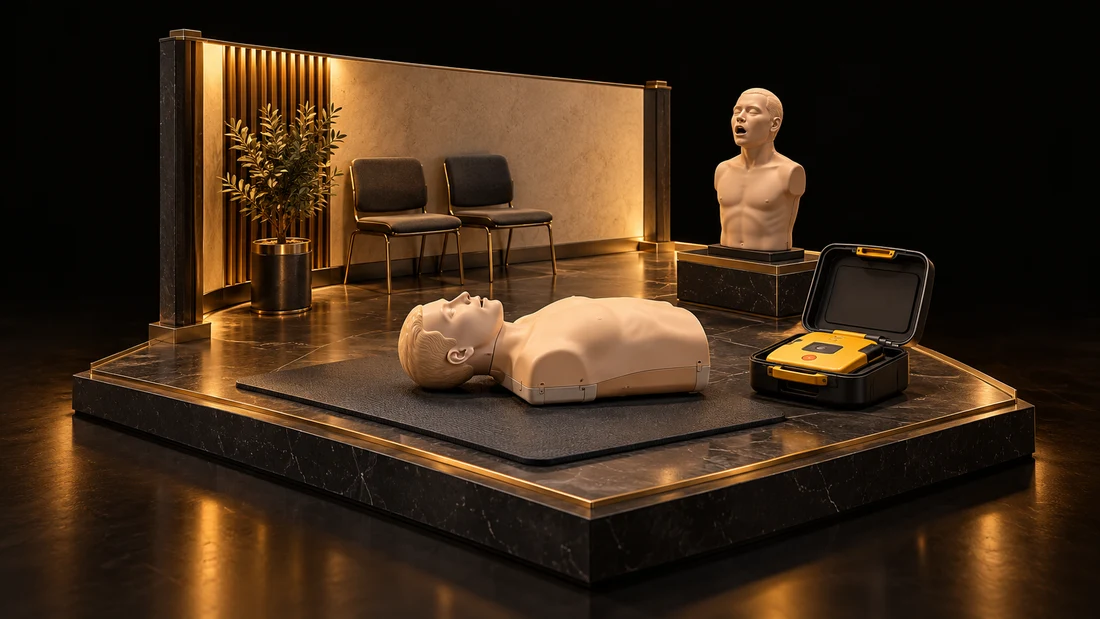 黑金展台上的 CPR 訓練模型、急救訓練器與教室概念場景